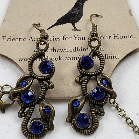 The Wired Bird Bronze Tone Blue Rhinestone Butterfly Charm Necklace/Earrings Set - Picture 6 of 11